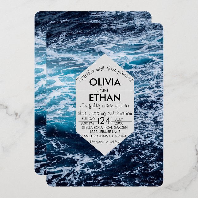 Invitation En Aluminium Elégant Marine Blue Ocean Waves Summer Beach Maria (Recto/Verso)