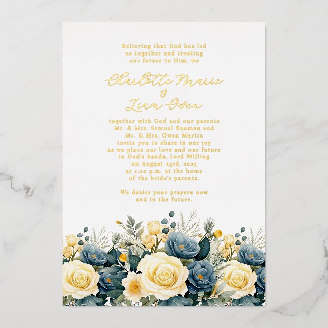 Invitation En Aluminium Elégant Marine & Jaune Floral Mariage Gold (Recto)