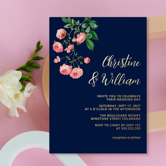 Invitation En Aluminium Elégant Marine & Roses Rose Mariage personnalisé (Elegant Navy & Pink Roses Personalized Wedding Foil Invitation)