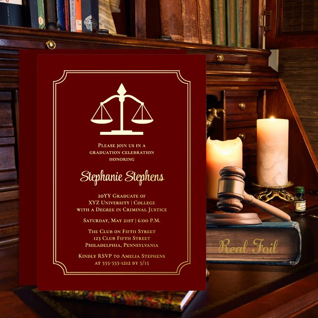 Invitation En Aluminium Élégant Maroon Law Attorney Party Graduation (Elegant Maroon | Dark Red Law Attorney Graduation Party Gold Foil Invitation)