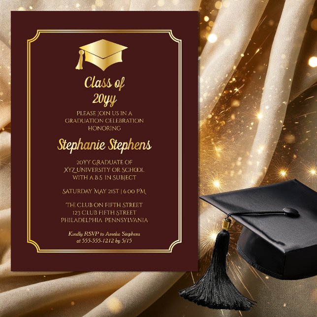 Invitation En Aluminium Élégant Maroon University Graduation Party Gold (Elegant Maroon University Graduation Party Gold Foil Invitation)