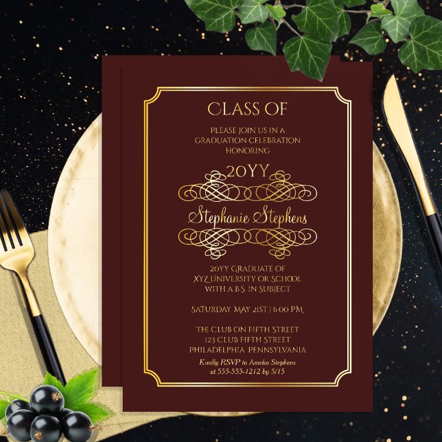 Invitation En Aluminium Élégant Maroon University Graduation Party Gold (Elegant Maroon College or University Graduation Announcement and Party Gold Foil Invitation)