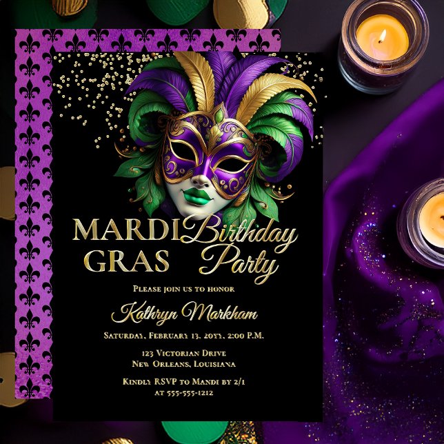 Invitation En Aluminium Elegant Masquerade Mask Mardi Gras Birthday Party (Elegant Purple, Green and Gold Tone Masquerade Mask Mardi Gras Birthday Party Gold Foil Invitation )