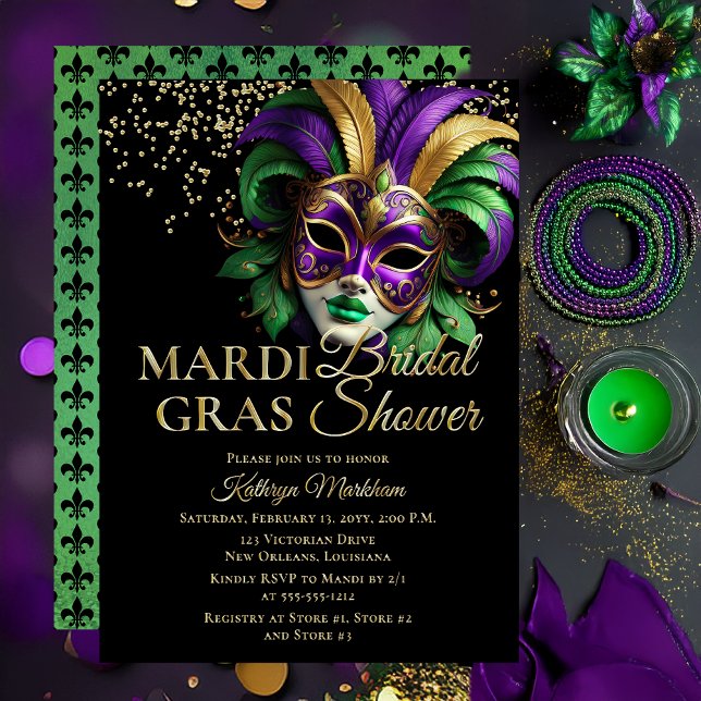 Invitation En Aluminium Elegant Masquerade Mask Mardi Gras Bridal Shower (Elegant Purple, Green and Gold Tone Masquerade Mask Mardi Gras Party Invitation -- Gold Foil Text )