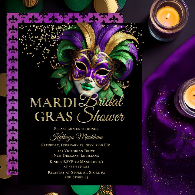 Invitation En Aluminium Elegant Masquerade Mask Mardi Gras Bridal Shower (Elegant Purple, Green and Gold Tone Masquerade Mask Mardi Gras Bridal Shower Invitation -- Gold Foil)