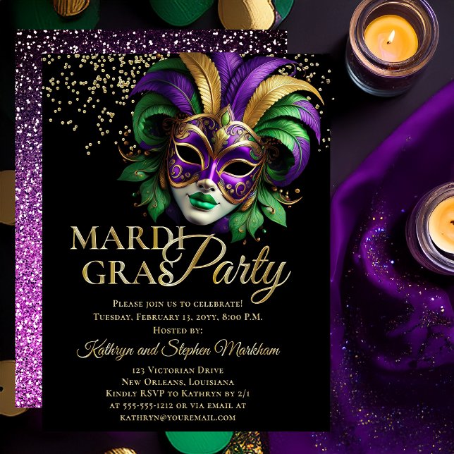 Invitation En Aluminium Elegant Masquerade Mask Mardi Gras Party (Elegant Purple, Green and Gold Tone Masquerade Mask Mardi Gras Party Invitation -- Gold Foil Text )