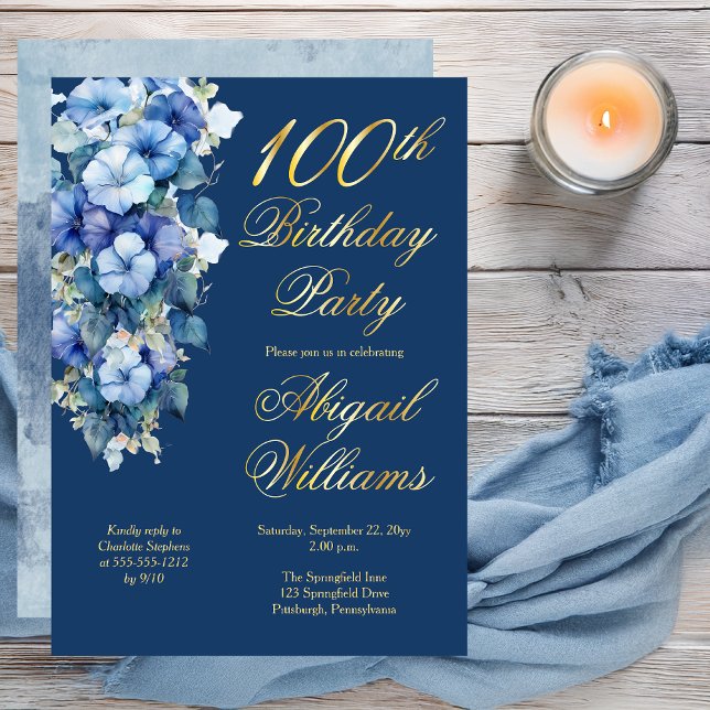 Invitation En Aluminium Elégant matin gloire bleu floral 100e anniversaire (Boho Elegant Morning Glories Blue Floral 100th Birthday Party Gold Foil Invitation )