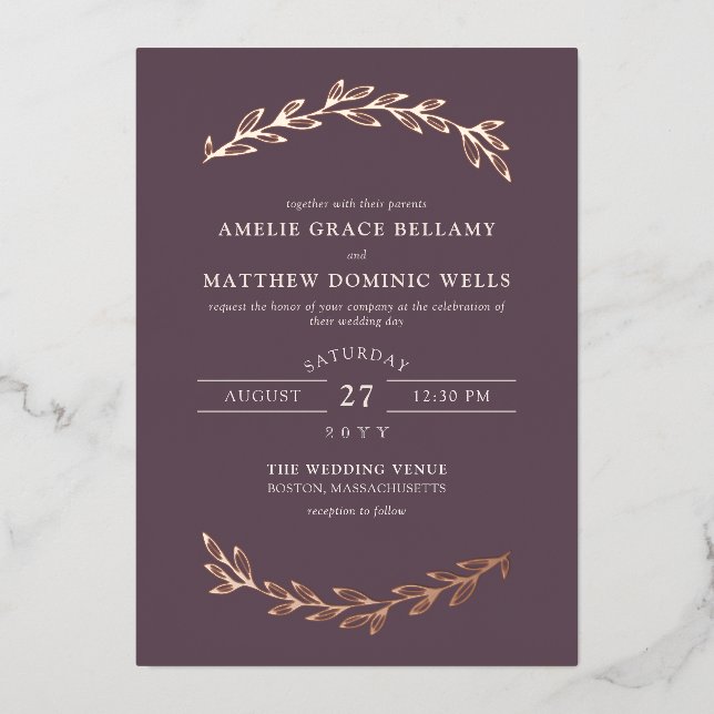 Invitation En Aluminium Elégant Mauve foncé & Rose Gold Mariage (Recto)