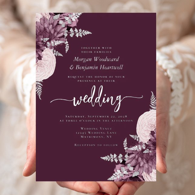 Invitation En Aluminium Elegant Mauve Silver Floral Wedding (Créateur téléchargé)