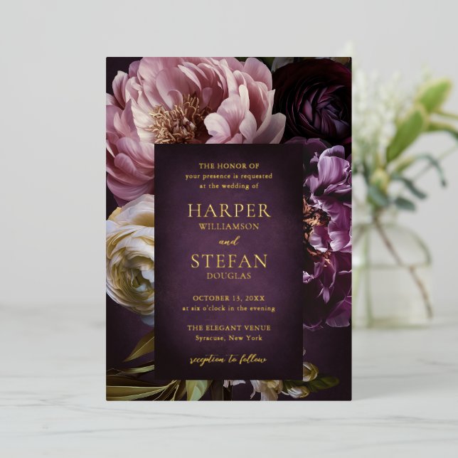 Invitation En Aluminium Elegant Maximalist Purple Floral Wedding (Debout devant)