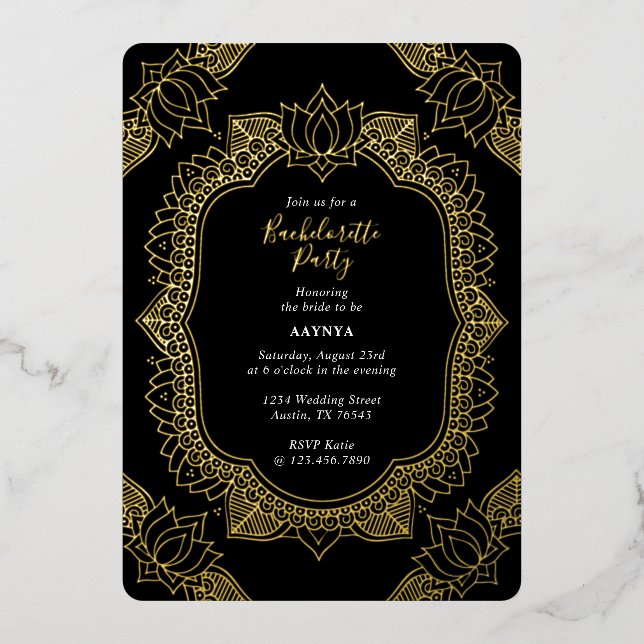 Invitation En Aluminium Élégant Mehndi Bachelorette Party Gold (Recto)