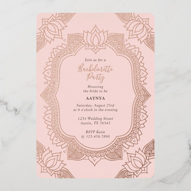 Invitation En Aluminium Élégant Mehndi Bachelorette Rose Gold (Recto)