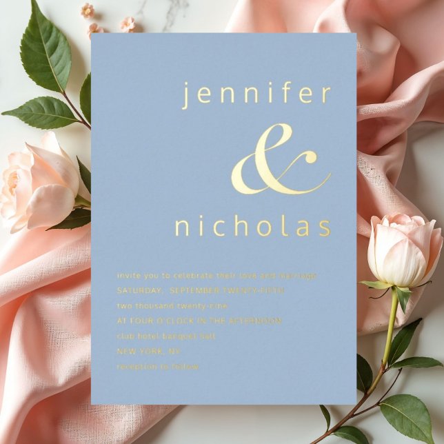 Invitation En Aluminium Élégant mélange en poudre et Mariage bleu or (Elegant Powder Ampersand Blue Wedding Gold Foil Invitation)