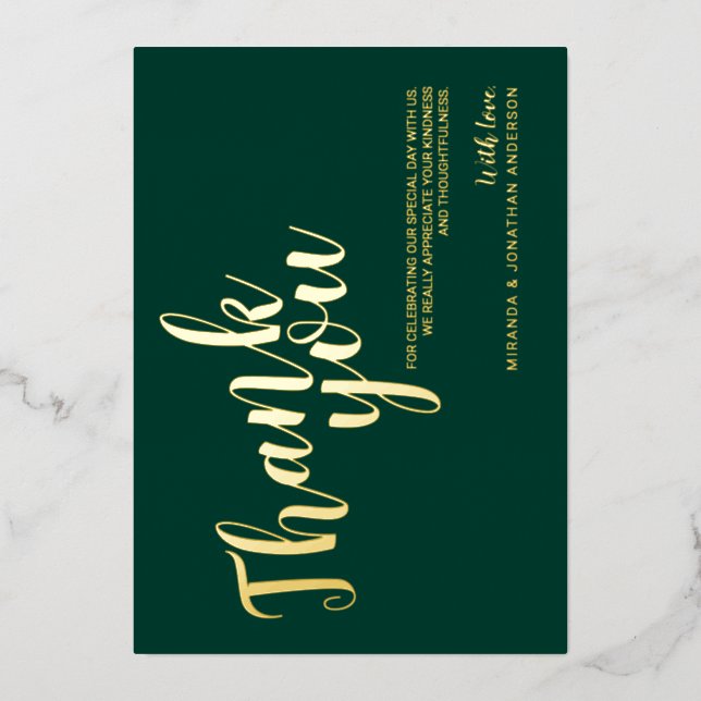 Invitation En Aluminium Élégant Merci de mariage classique Emeraude et or (Recto)