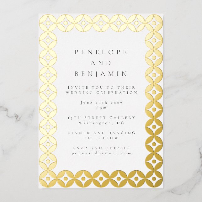 Invitation En Aluminium Elégant Mid Mod Mariage géométrique Chic White Gol (Recto)