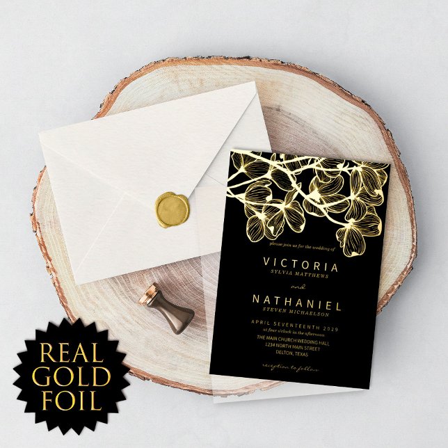 Invitation En Aluminium Élégant minimal Floral Mariage d'été Real Gold (Créateur téléchargé)