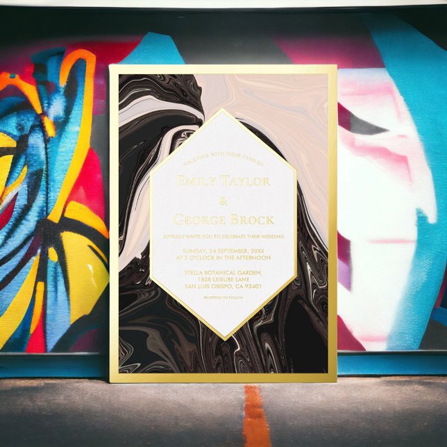 Invitation En Aluminium Elégant minimal géométrique noir blanc Mariage or (Créateur téléchargé)