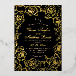Invitation En Aluminium Élégant minimaliste Mariage Fleurs noires et or