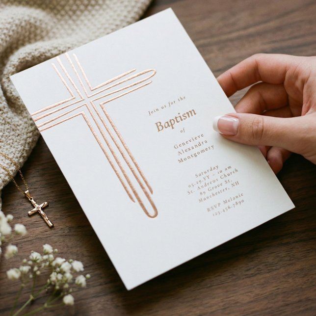 Invitation En Aluminium Elegant Modern Baptism Christening Religious Cross (Elegant Modern Baptism Christening Religious Cross Foil Invitation)
