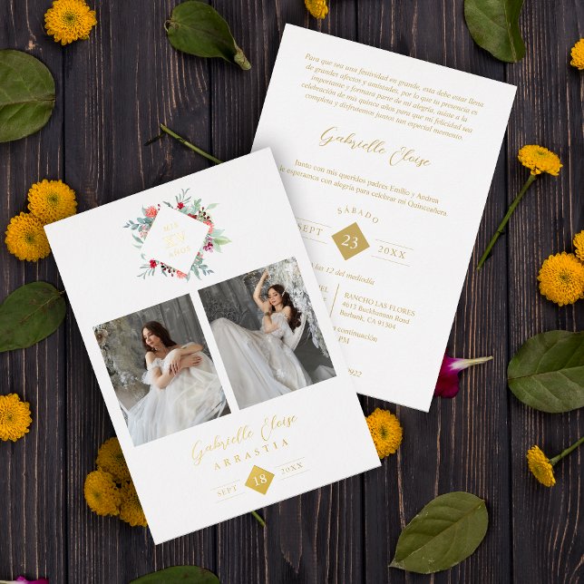 Invitation En Aluminium Elegant Modern Diamond Shape Mis XV años Floral  (Créateur téléchargé)