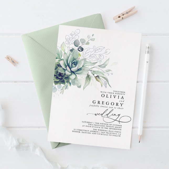 Invitation En Aluminium Elegant Modern Succulents Silver Greenery Wedding (Créateur téléchargé)