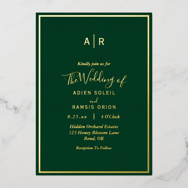 Invitation En Aluminium Élégant moderne Emerald Green Monogram Mariage (Recto)
