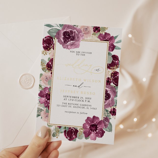 Invitation En Aluminium Élégant moderne Plum or Botanique Mariage floral (Elegant Modern Plum Gold Botanical Floral Wedding Foil Invitation)