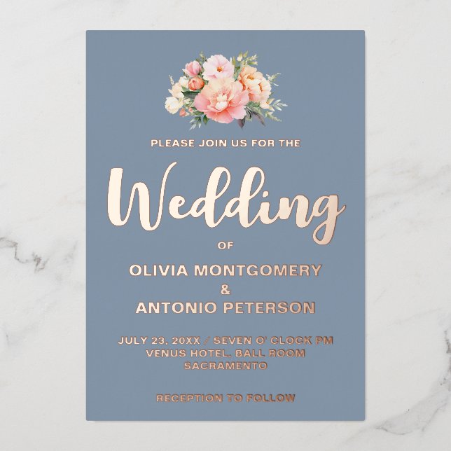 Invitation En Aluminium Elégant moderne rose clair Peony bleu Dusty Mariag (Recto)