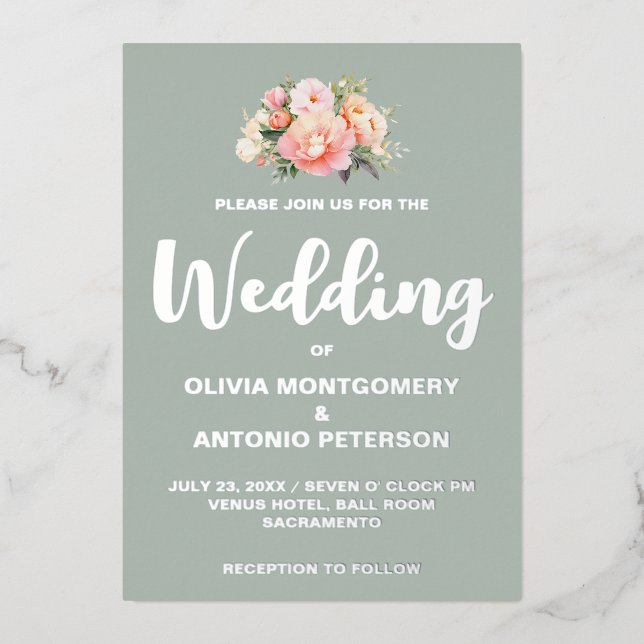 Invitation En Aluminium Elégant moderne Silver Peony Mariage de taille lég (Recto)