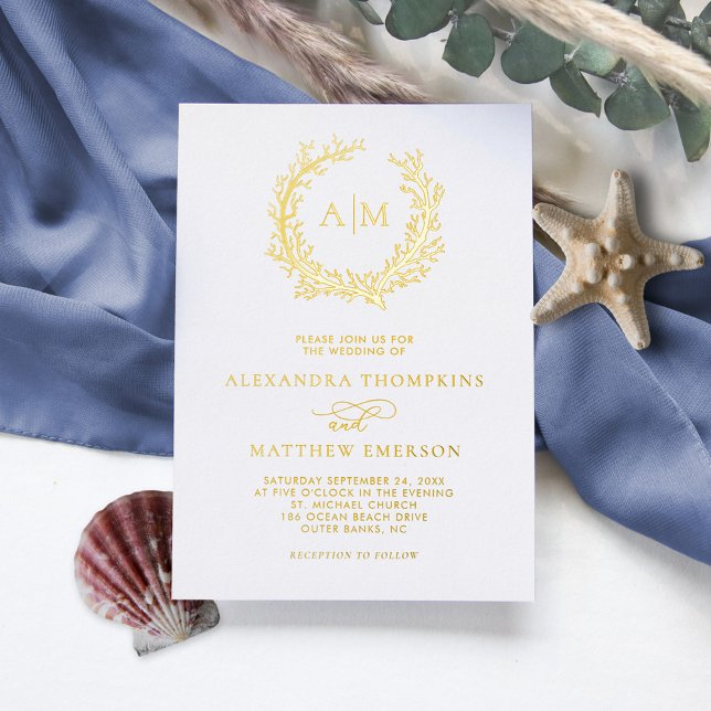Invitation En Aluminium Elégant Monogram Beach Mariage Real Gold (Créateur téléchargé)