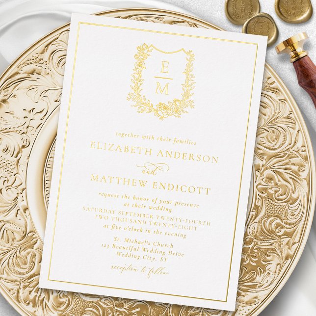 Invitation En Aluminium Élégant Monogram Crest Mariage Gold (Créateur téléchargé)
