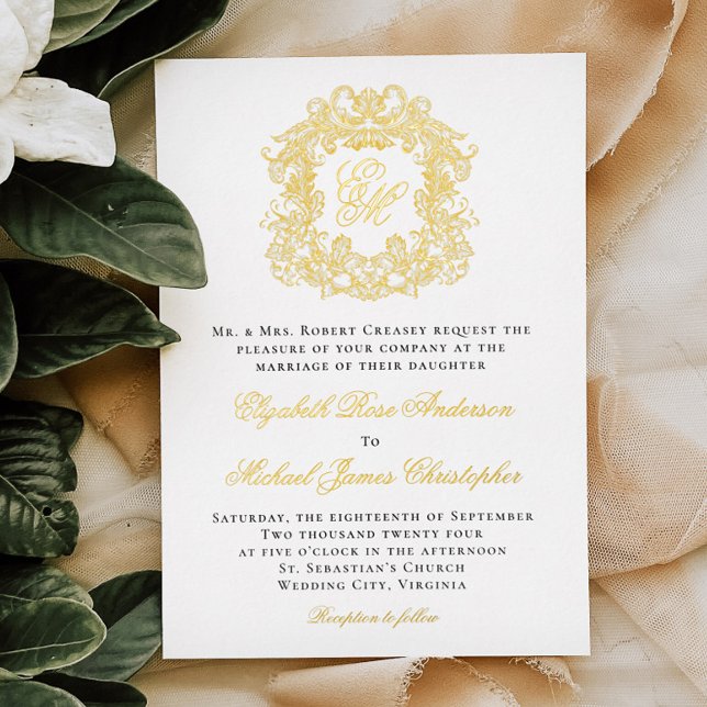 Invitation En Aluminium Élégant Monogram Crest Mariage Gold (Créateur téléchargé)