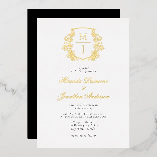 Invitation En Aluminium Élégant Monogram Crest Mariage Gold Foil Invitati (Recto/Verso)