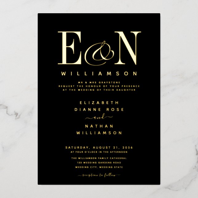 Invitation En Aluminium Élégant Monogram Mariage Black Gold (Recto)
