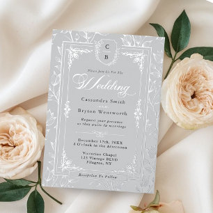 Invitation En Aluminium Élégant Monogramme Blason Gris Cadre Argent Mariag