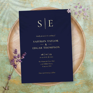 Invitation En Aluminium Élégant Monogramme Bleu Nuit Mariage Or