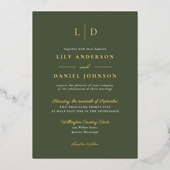 Invitation En Aluminium Élégant monogramme en vert olive avec code QR pour (Recto)