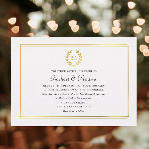 Invitation En Aluminium Élégant Monogramme Mariage Laurel Wreath Gold