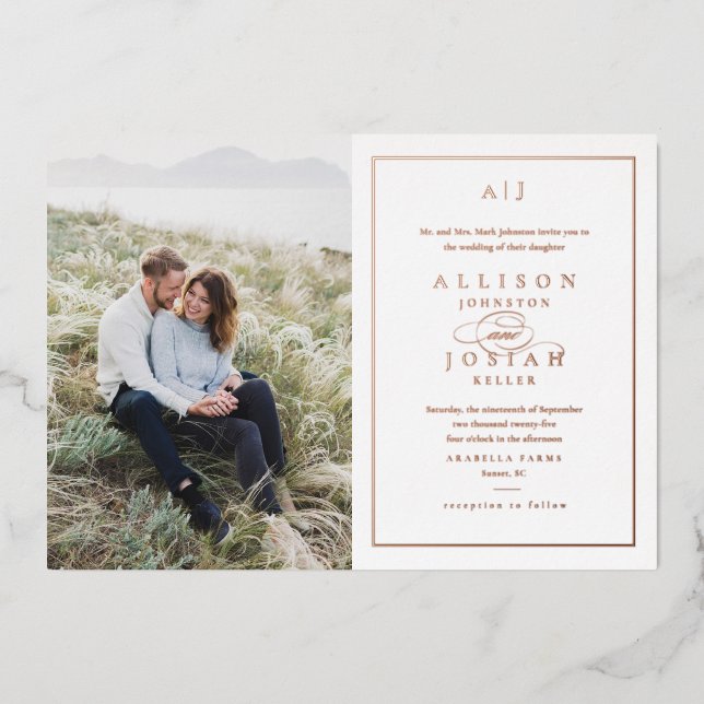 Invitation En Aluminium Élégant Monogramme Mariage photo Rose or (Recto)