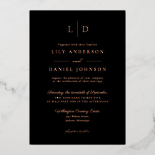 Invitation En Aluminium Élégant Monogramme Noir Luxe Mariage Or Rose