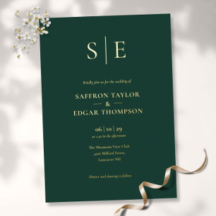 Invitation En Aluminium Élégant Monogramme Vert Émeraude Mariage Or