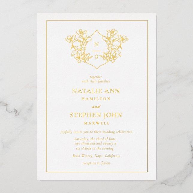 Invitation En Aluminium Élégant Monogramme Wreath Mariage Gold (Recto)
