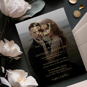 Invitation En Aluminium Élégant Monogramme Wreath Photo Mariage Real