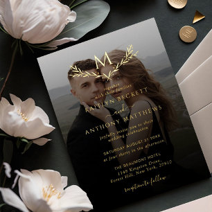 Invitation En Aluminium Élégant Monogramme Wreath Photo Mariage Real