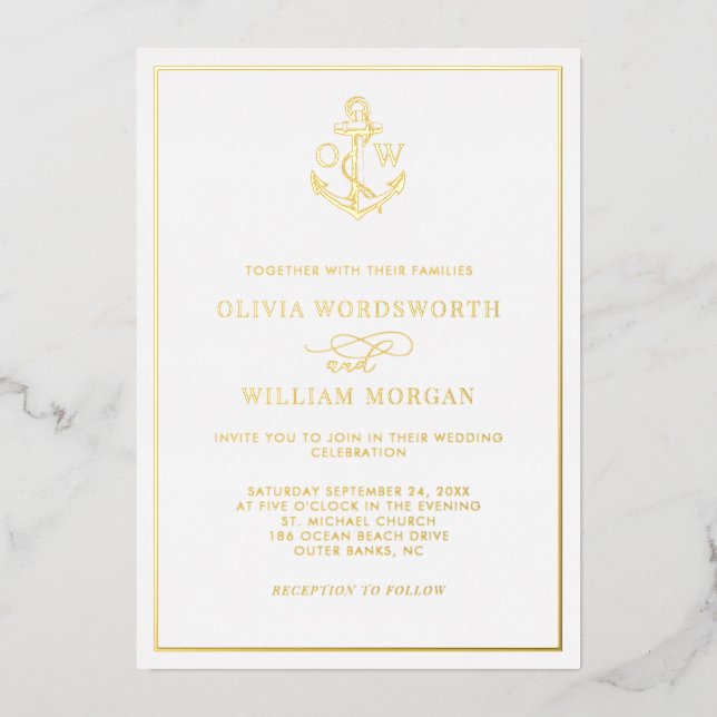 Invitation En Aluminium Elegant Nautical Anchor Monogram Wedding All Gold  (Recto)