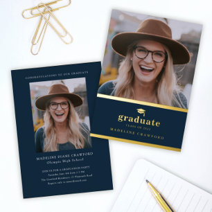 Invitation En Aluminium Elegant Navy Blue and Gold Photo Graduation