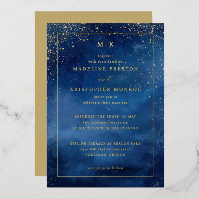 Invitation En Aluminium Elegant Navy Blue Starry Night (Recto/Verso)