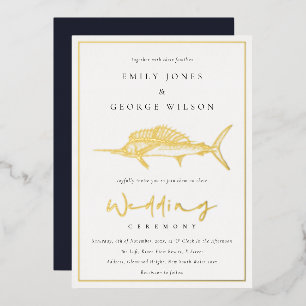 Invitation En Aluminium Élégant Noces de Poisson Marine Navy Feuille d'Or