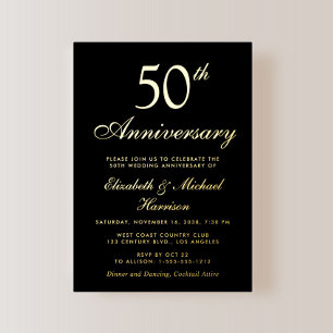 Invitation En Aluminium Élégant Noir 50e Anniversaire de Mariage Or
