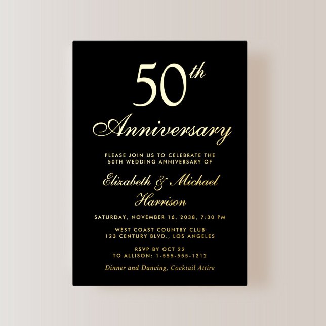 Invitation En Aluminium Élégant Noir 50e Anniversaire de Mariage Or (Créateur téléchargé)